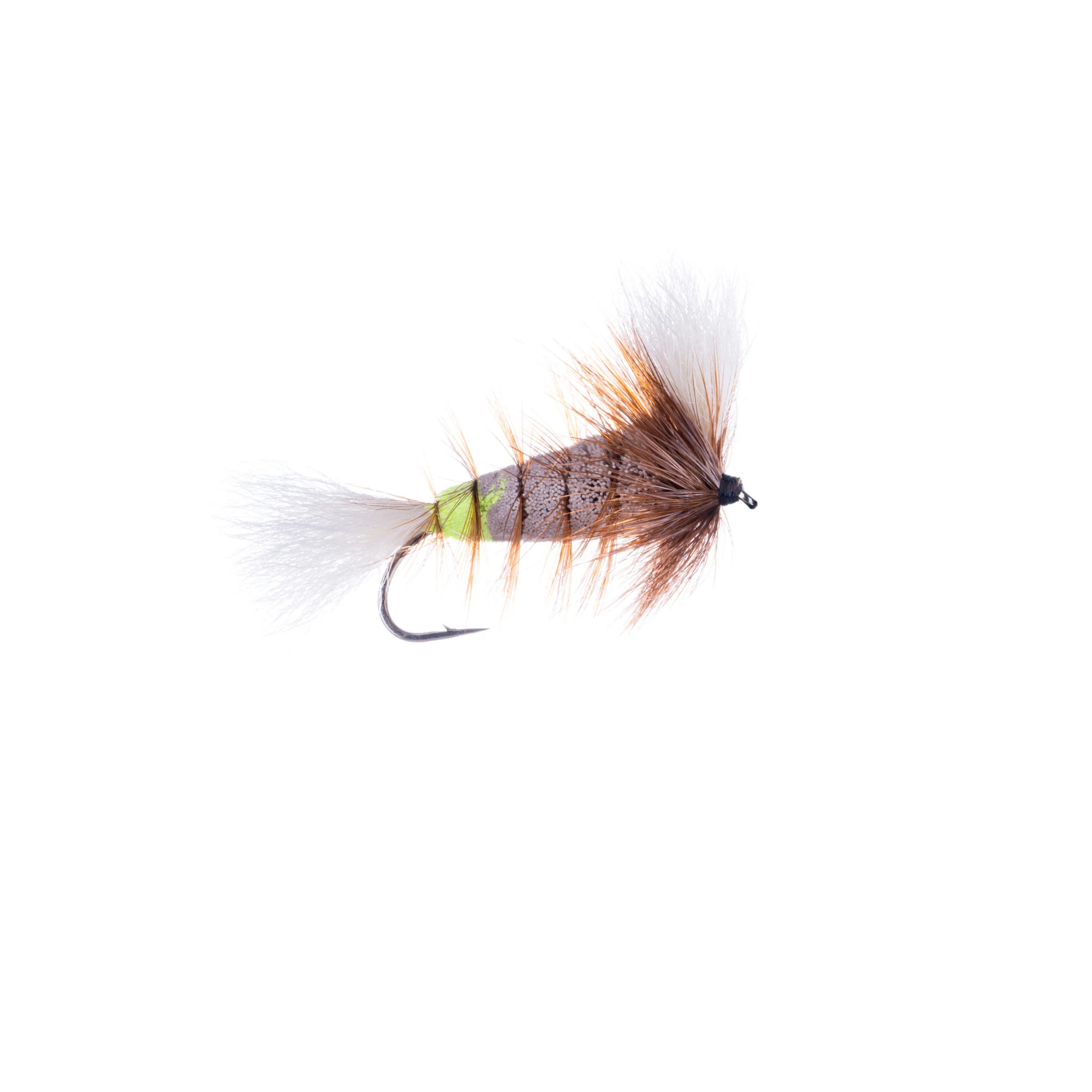 Gray-White Tail-Brown Hackle w. Fl. Green Butt (Wulff Bomber) - Hooké