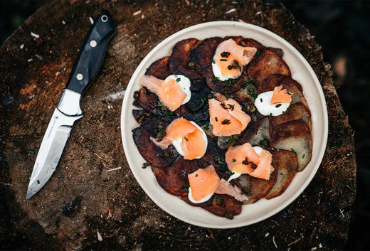 Golden potato cakes with smoked trout